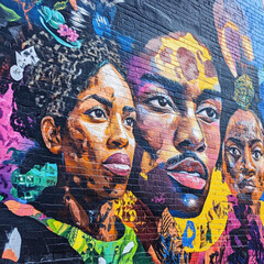 Juneteenth vibrant mural celebrates juneteenth with expressive faces and colorful patterns on brick wall symbolizing freedom and unity
