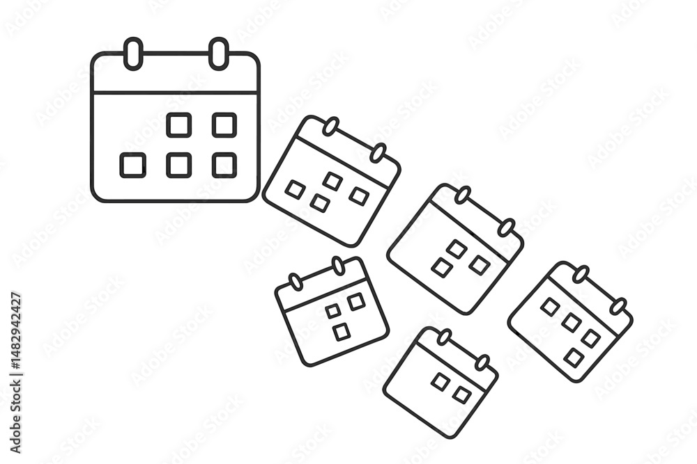 Poster calendar icons arranged in a dynamic layout illustrating the passage of time and scheduling activiti