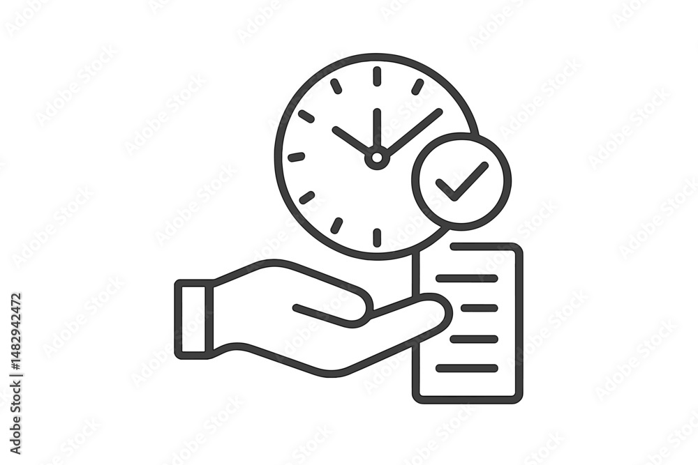 Poster hand holding a checklist and clock symbolizing time management and task completion in a minimalistic