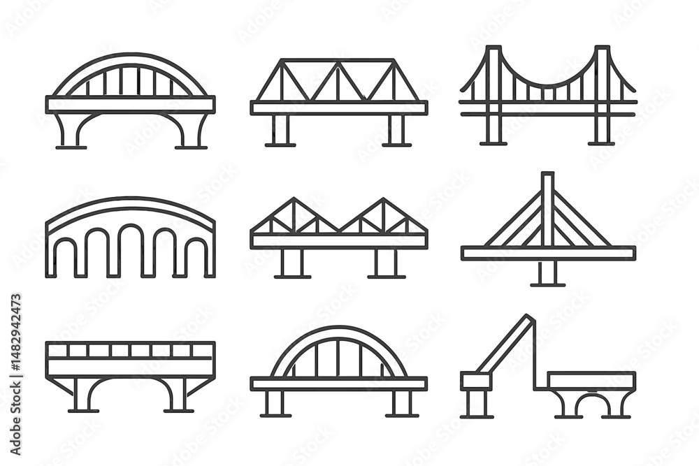 Poster various bridge designs showcasing different architectural styles and structural forms displayed in a