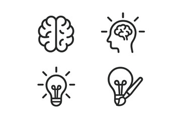 Creative thinking symbols illustrated with brain and light bulb icons in simple line art style