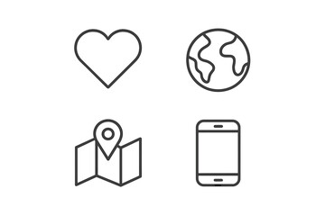 Icons representing love, travel, navigation, and technology in a modern design suitable for various applications