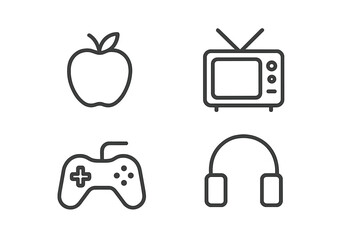 Creative icons representing leisure activities and entertainment options including gaming, television, and music