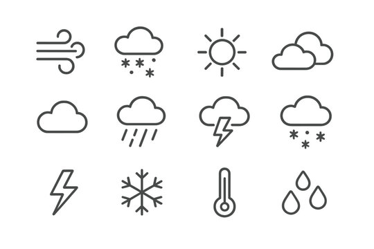 Weather icons represent different weather conditions including sun, rain, snow, and wind in a simple design