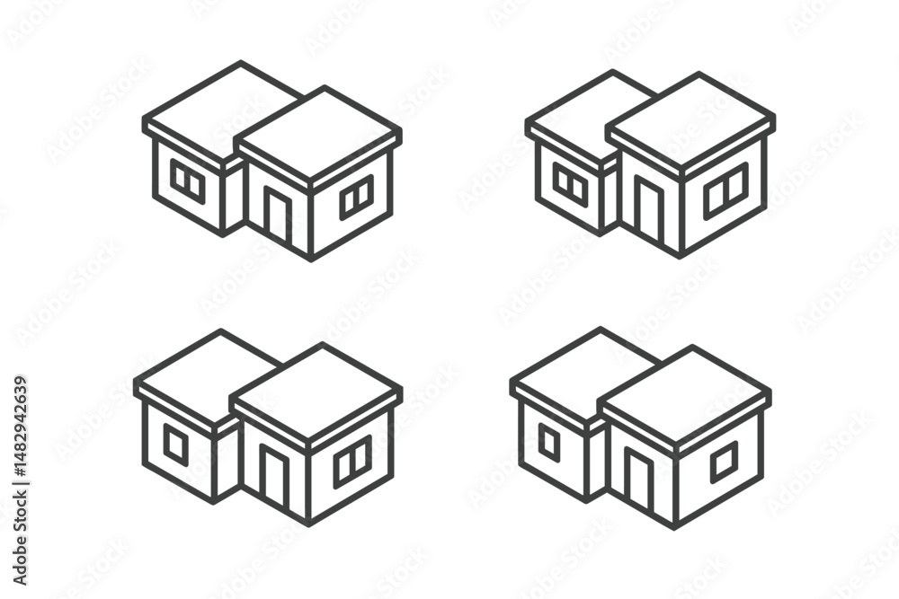 Poster minimalist line art depicting four simple house designs arranged in a grid format showcasing unique 