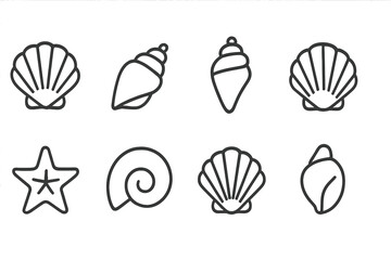 Collection of simple line drawings of seashells and starfish on a white background