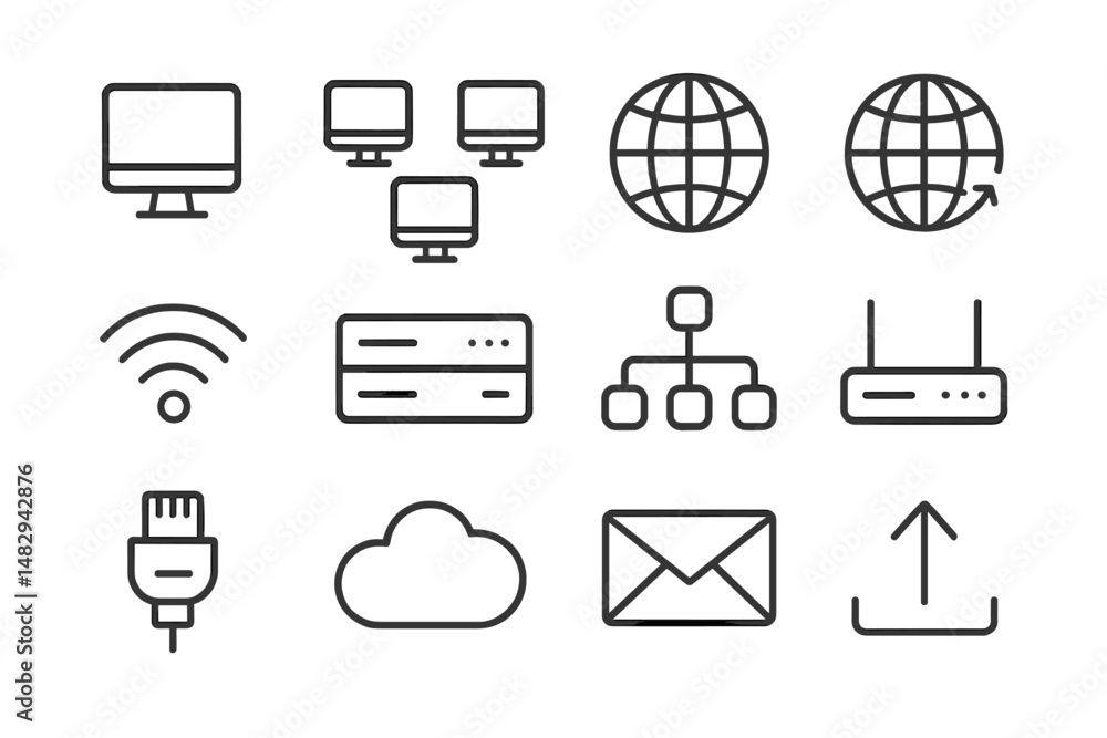 Poster collection of line icons depicting computer networking elements in a minimalist design