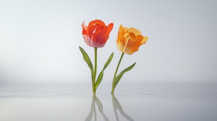 Colorful two spring flowers on white background. Wild flowers, spring grass seamless pattern 3d realistic. Minimal scene for model products, stage showcase, promotion display.