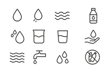 Water related icons representing various states, containers, and sources for educational or design purposes