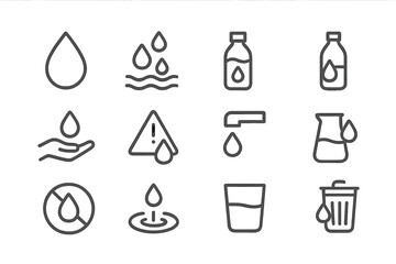 Water-related icons highlighting various aspects of liquid management and conservation in daily life and environmental settings