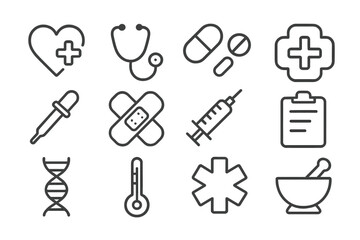 Medical symbols and icons depicting healthcare elements in a simple design layout
