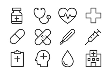 Health and medical icons representing care, wellness, and professional services in line art on a white background