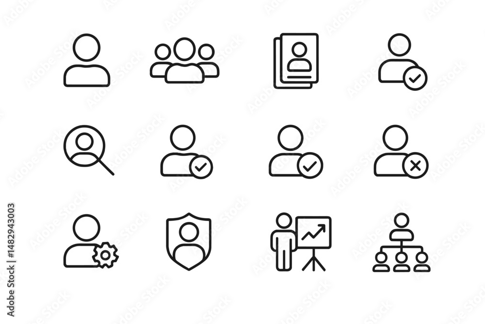 Poster icons representing user profiles and management functions for a digital platform in a minimalistic s