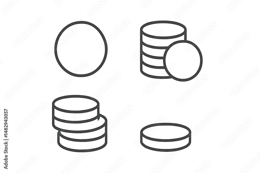 Poster simple line drawings of circular shapes representing coins and stacks of currency in minimalistic de