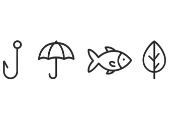 Graphic symbols representing fishing, weather protection, aquatic life, and nature elements in a minimalist style