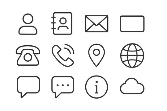 Collection of simple line art icons representing communication, contact, and information services