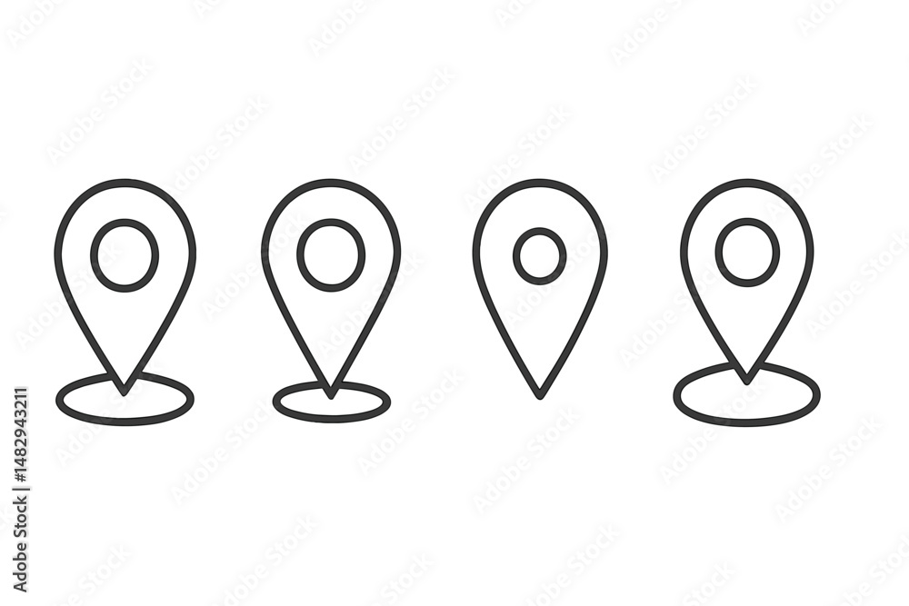 Poster symbols of location markers arranged in a row on a minimalistic white background for digital navigat