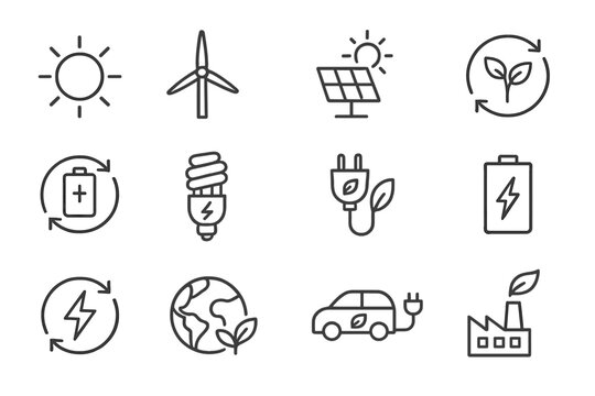 Icons representing renewable energy sources and their benefits for sustainability and the environment