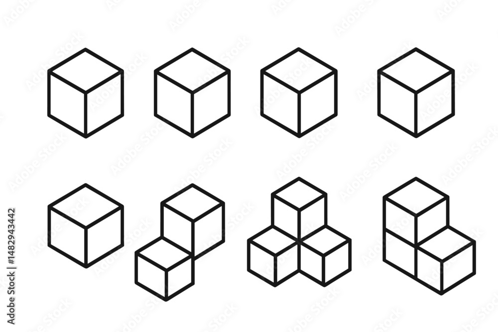 Poster different arrangements of cubes displayed in a grid showcasing various 3d perspectives in a minimali