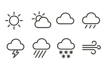 Fototapeta premium Weather symbols depicting sun, clouds, rain, lightning, snow, and wind in a simple design