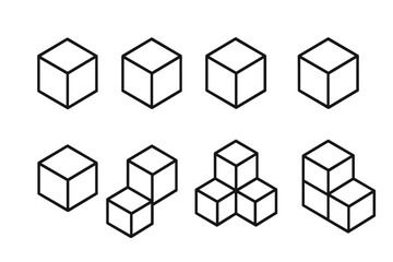 Different arrangements of cubes displayed in a grid showcasing various 3D perspectives in a minimalist style