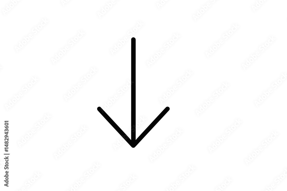Poster black arrow pointing downward on a white background representing direction and movement for various 