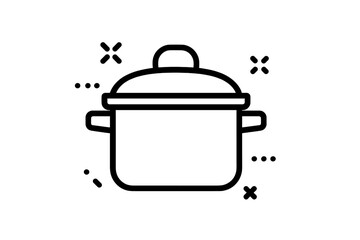 Black and white outline of a cooking pot with a lid surrounded by abstract shapes and patterns
