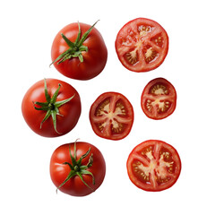 Fototapeta premium Sliced fresh tomato. Close-up view of juicy tomato slices with seeds and fleshy texture on a white surface. Vibrant red color.