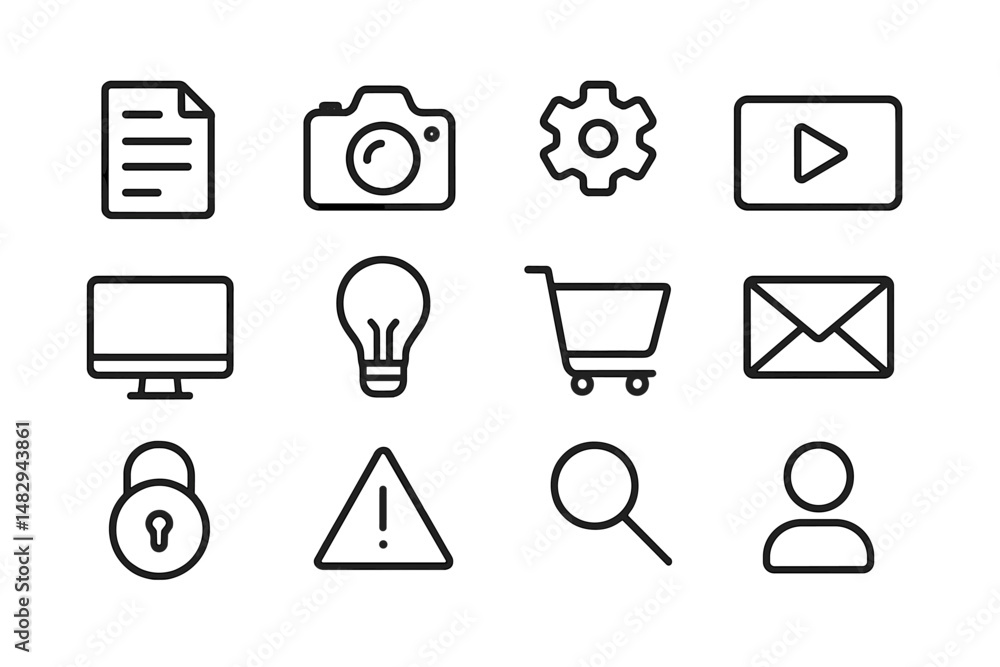 Poster collection of simple line icons representing various digital and technology-related concepts in a gr