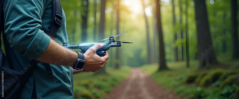 Poster photo realistic image of a person with a camera drone on a forest trail, featuring a smart wristband