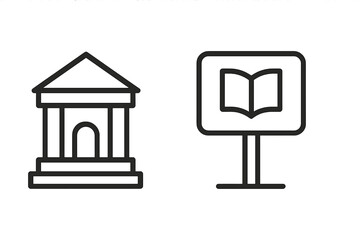 Detailed outline of a classical building next to an informational sign displaying an open book in a public space