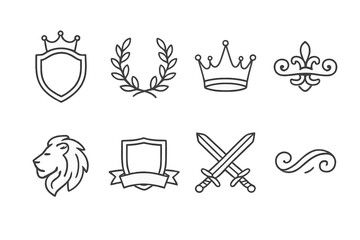 Vector illustrations of heraldic symbols including crowns, shields, and a lion arranged in a minimalist style