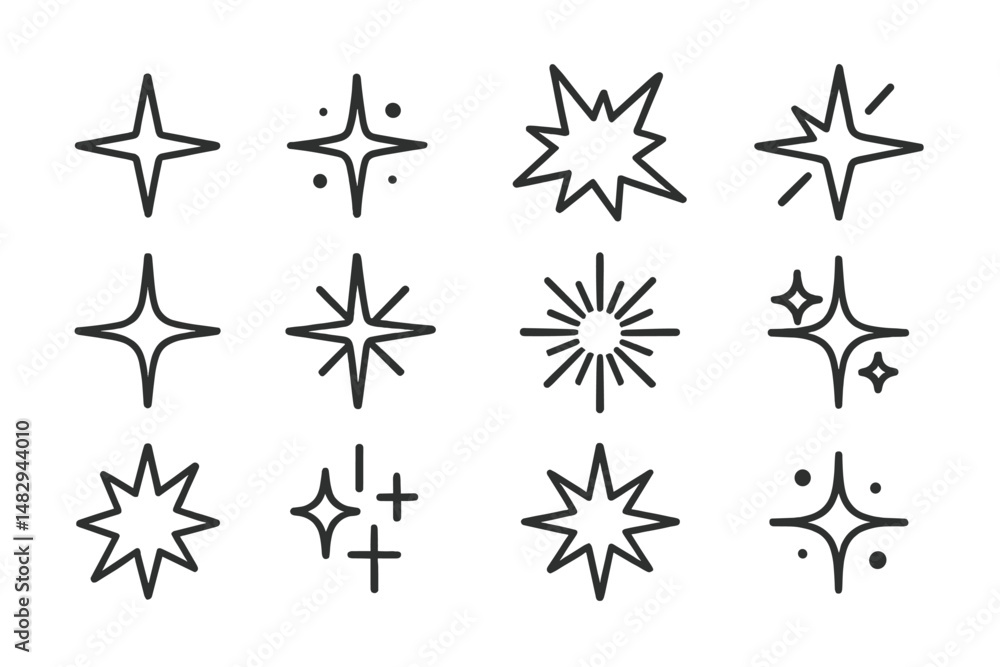 Poster different star shapes in black line art displayed in a grid pattern showcasing creative design possi