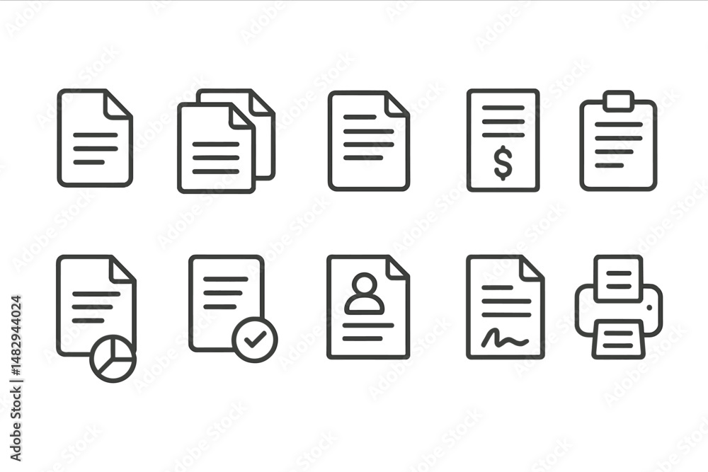 Aufkleber various types of documents and files represented as minimalist line icons for organizational purpose