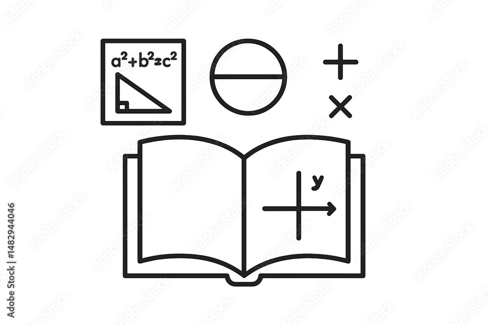 Poster visual representation of mathematical concepts with an open book and geometric shapes