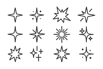 Fototapeta premium Different star shapes in black line art displayed in a grid pattern showcasing creative design possibilities