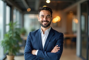 Confident bearded businessman smiling in modern office