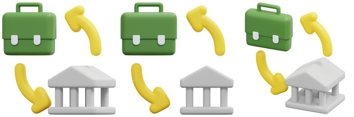 Set of Green Briefcases and Gray Bank Buildings with Yellow Arrows 3d Render Icon Illustration