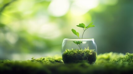 New Life Sprouting: A Tiny Plant in a Glass Vessel Nestled on Mossy Ground