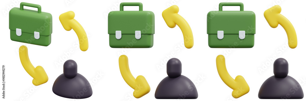 Poster set of green briefcases and yellow arrows rotating around dark grey objects 3d render icon illustrat