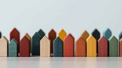 Colorful wooden house-shaped blocks arranged in a row showcase creativity and playfulness, ideal for educational purposes, home decor, or children's toys
