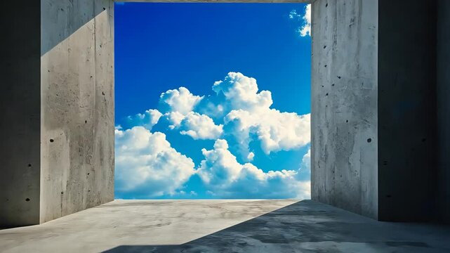 Concrete structure with large open square window framing bright blue sky and fluffy white clouds in strong natural daylight and shadows

