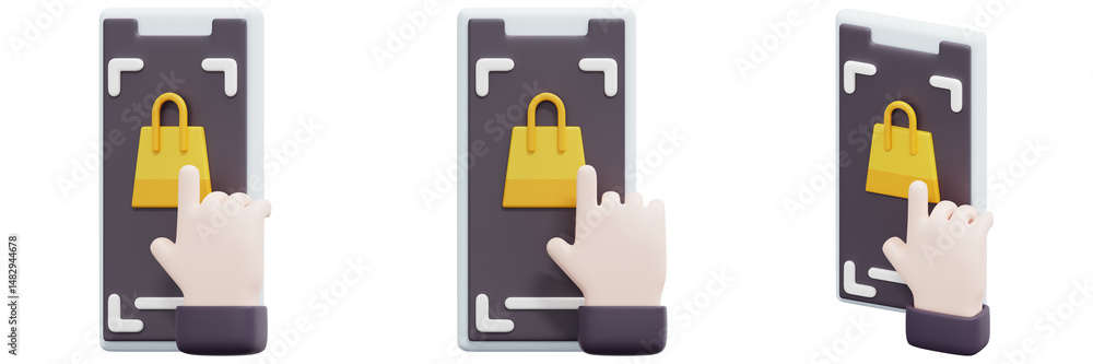 Poster set of hands interacting with smartphone display showing yellow handbag 3d render icon illustration