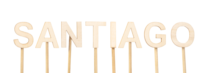 Santiago, capital of Chile, in natural wood typeface on white background, clean image for informational and commercial use