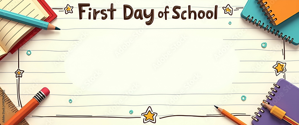 Poster photo realistic notebook border with ruler and cheerful 'first day of school' wording - perfect for 