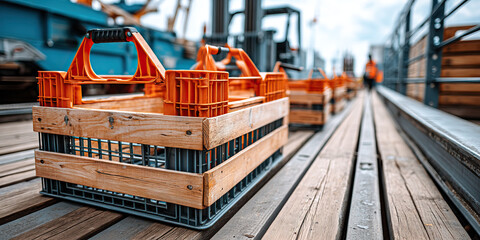 Industrial grip on side handle of crate during loading on wooden platform with blurred background