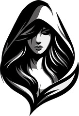Elegant Hooded Woman – Black and White Vector Art, Striking black and white vector illustration of an elegant woman wearing a hood, with flowing hair and a calm, mysterious expression. 