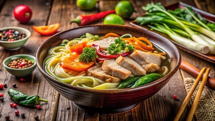 Delicious Chinese Pork Noodle Soup with Vegetables and Spices in a Bowl - Stock Photo