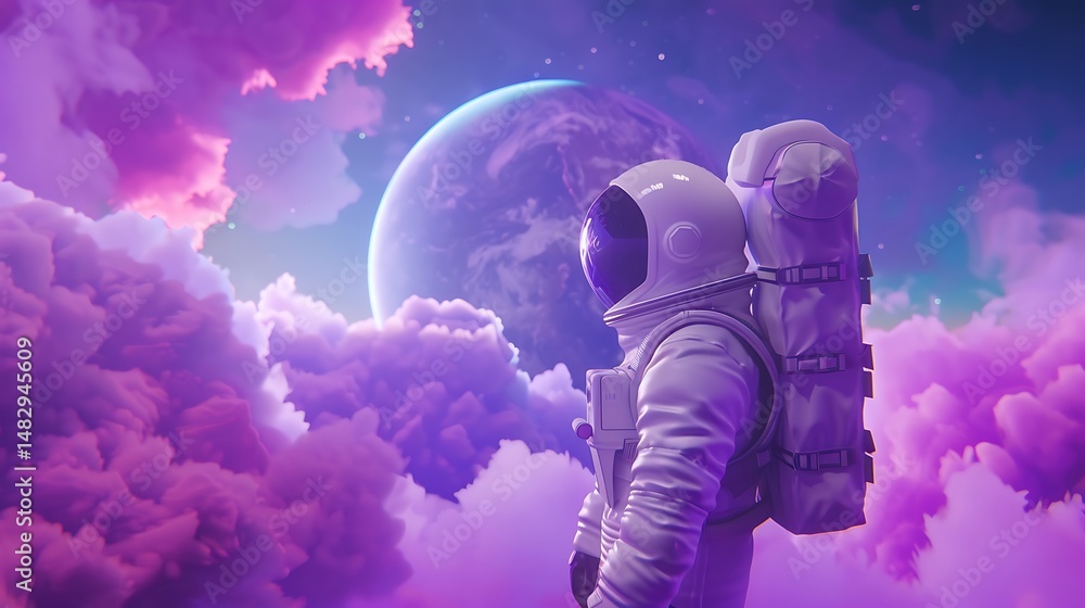 Poster astronaut in colorful cloudscape with celestial background