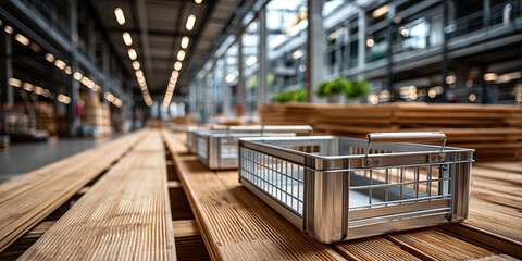 Metal basket with industrial grip on side handle placed on wooden surface in warehouse with blurred background